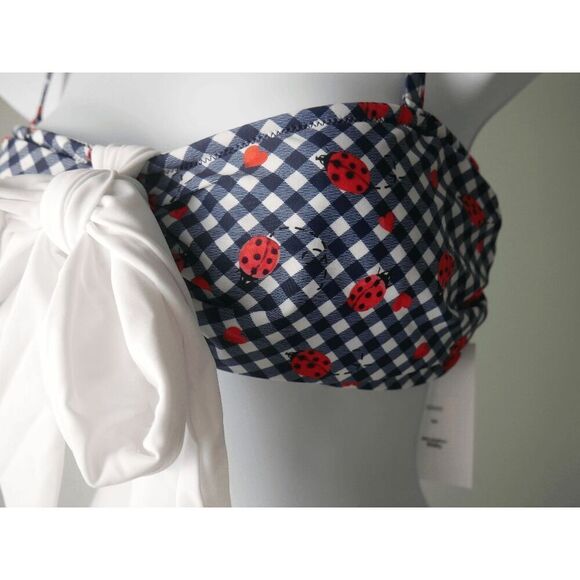 Unique Vintage Navy Gingham Ladybug Bikini Top L Swim Retro Pin-Up L - Picture 3 of 8